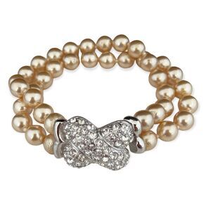 New Nolan Miller Pearl Bracelet Double Strand Pave Crystals Silver Tone - 12S